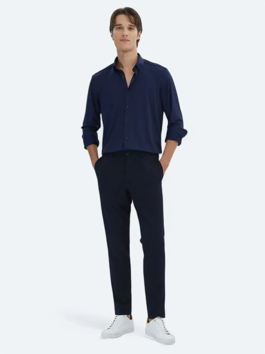 Navy Blue Regular Fit Knitting Casual Shirt - 2
