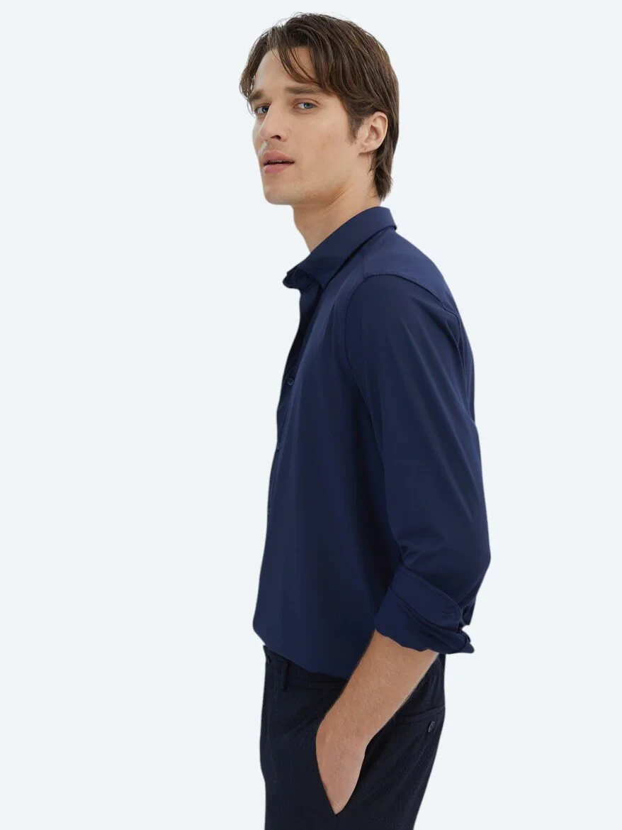 Navy Blue Regular Fit Knitting Casual Shirt - 3