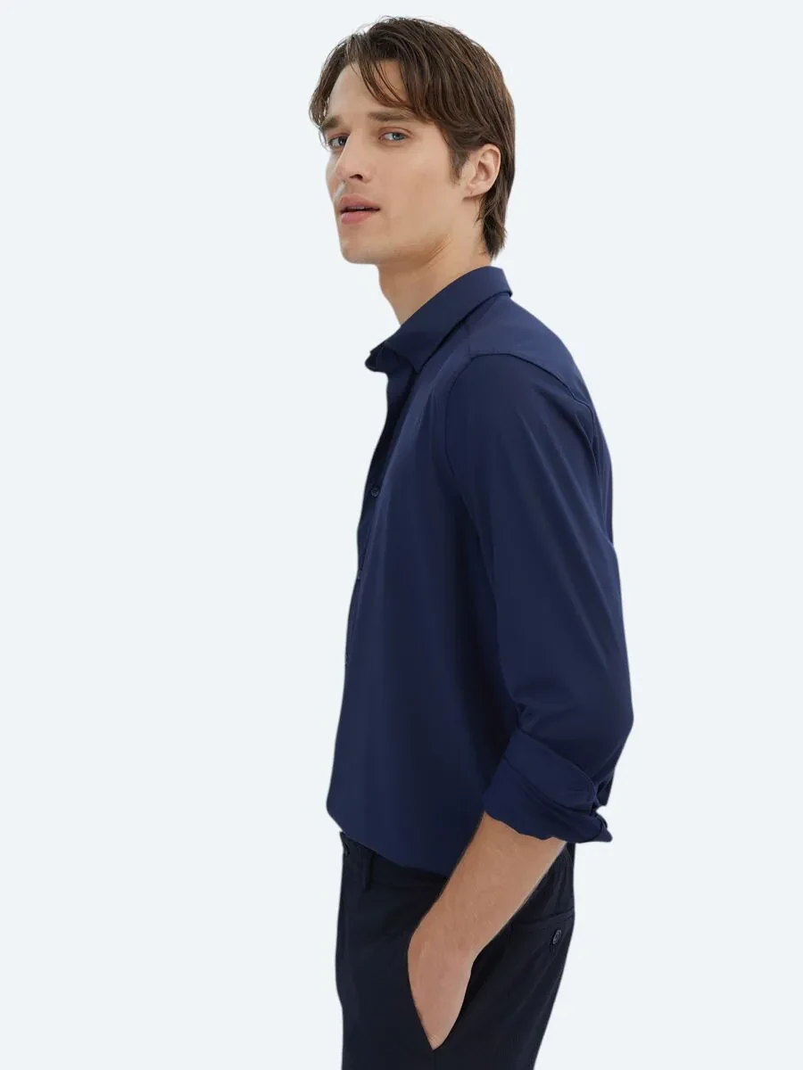 Navy Blue Regular Fit Knitting Casual Shirt - 3