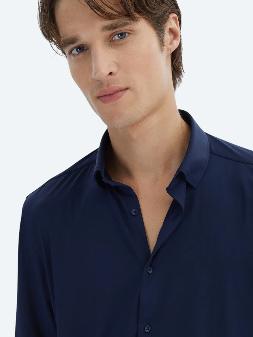 Navy Blue Regular Fit Knitting Casual Shirt 