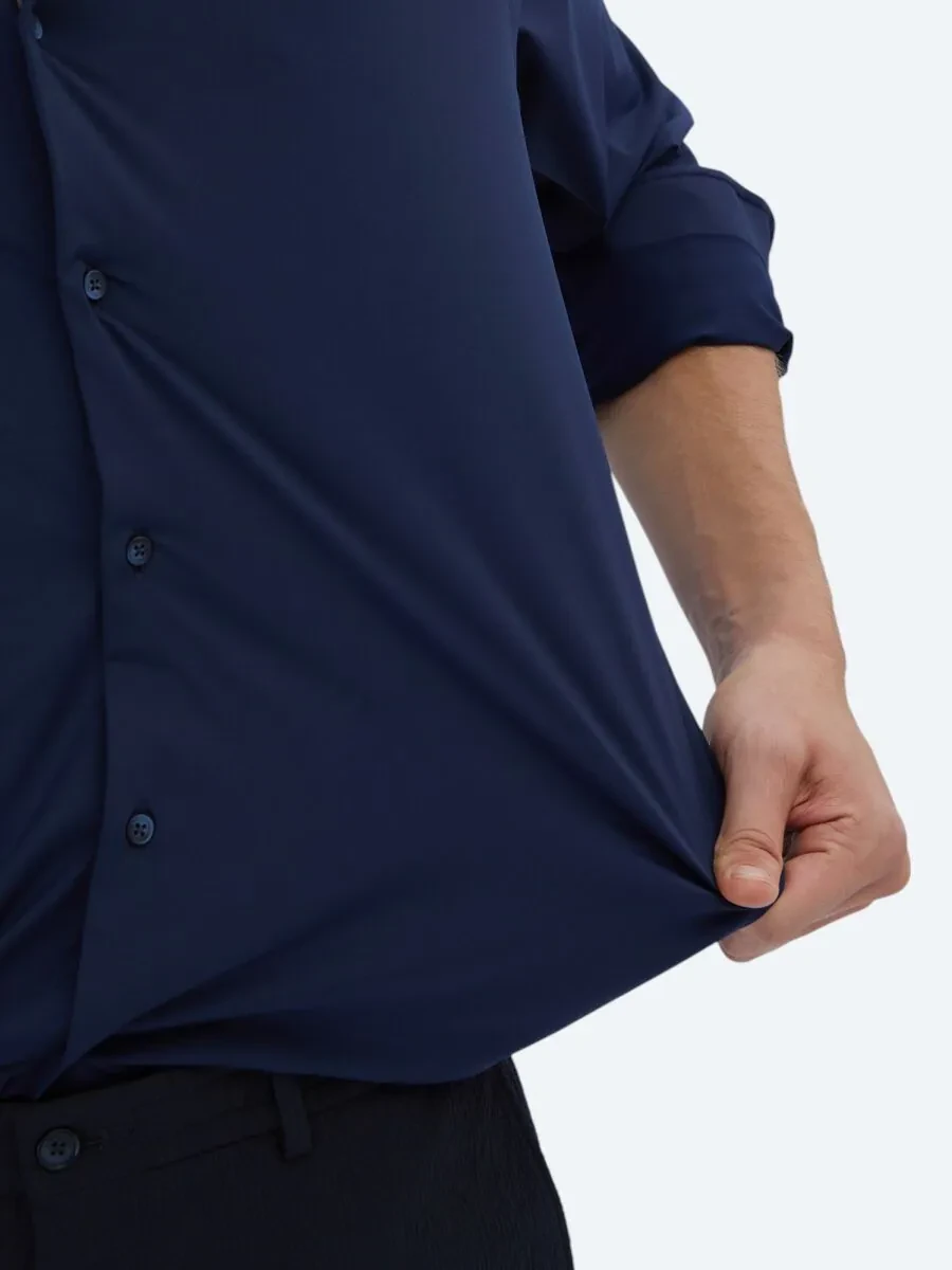 Navy Blue Regular Fit Knitting Casual Shirt - 5