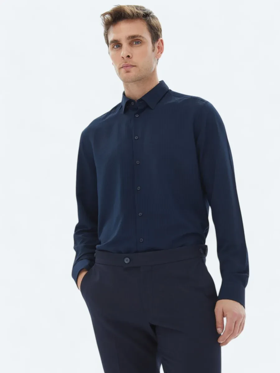 Navy Blue Regular Fit Weaving Casual Shirt - 1