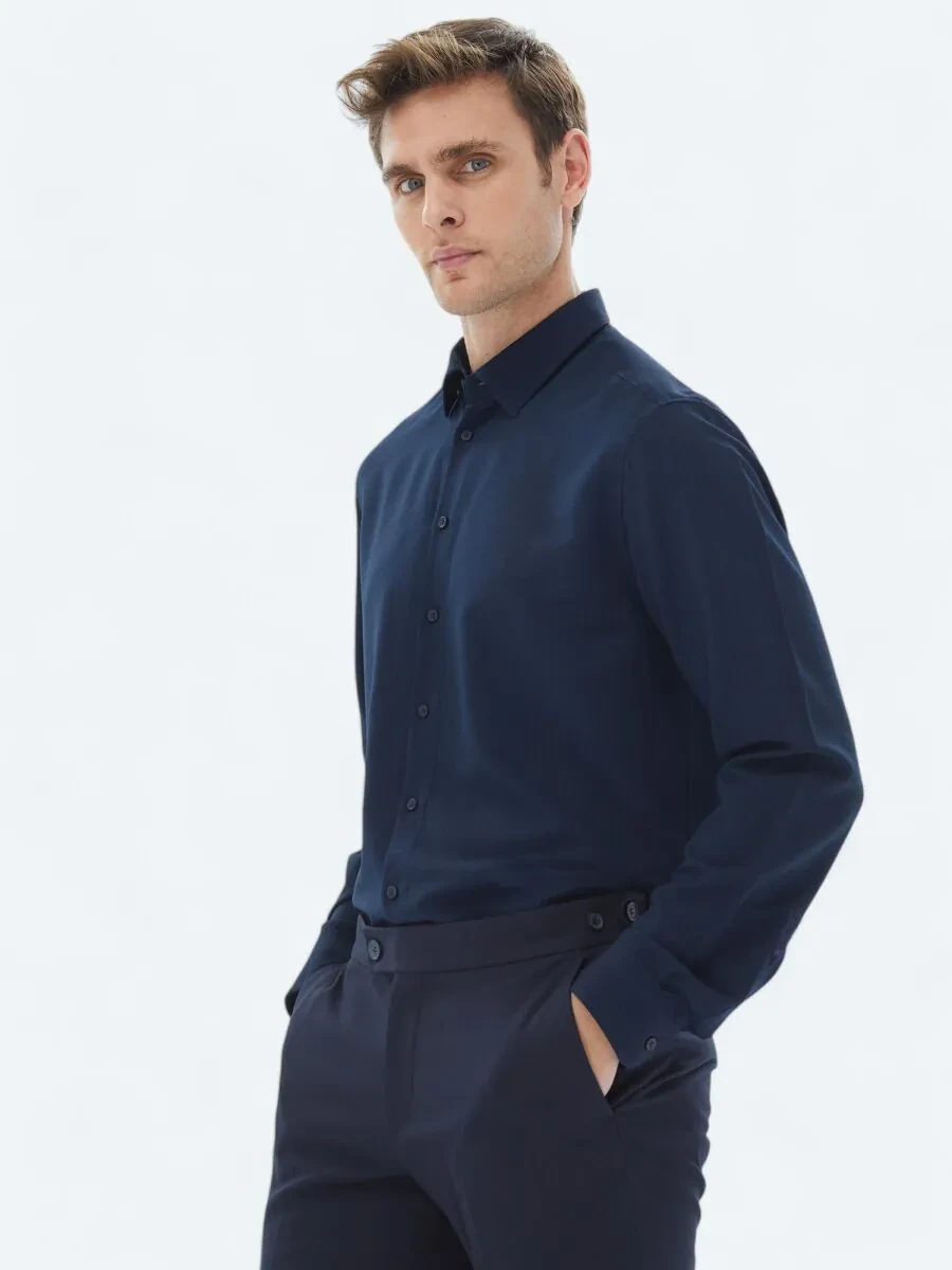 Navy Blue Regular Fit Weaving Casual Shirt - 3