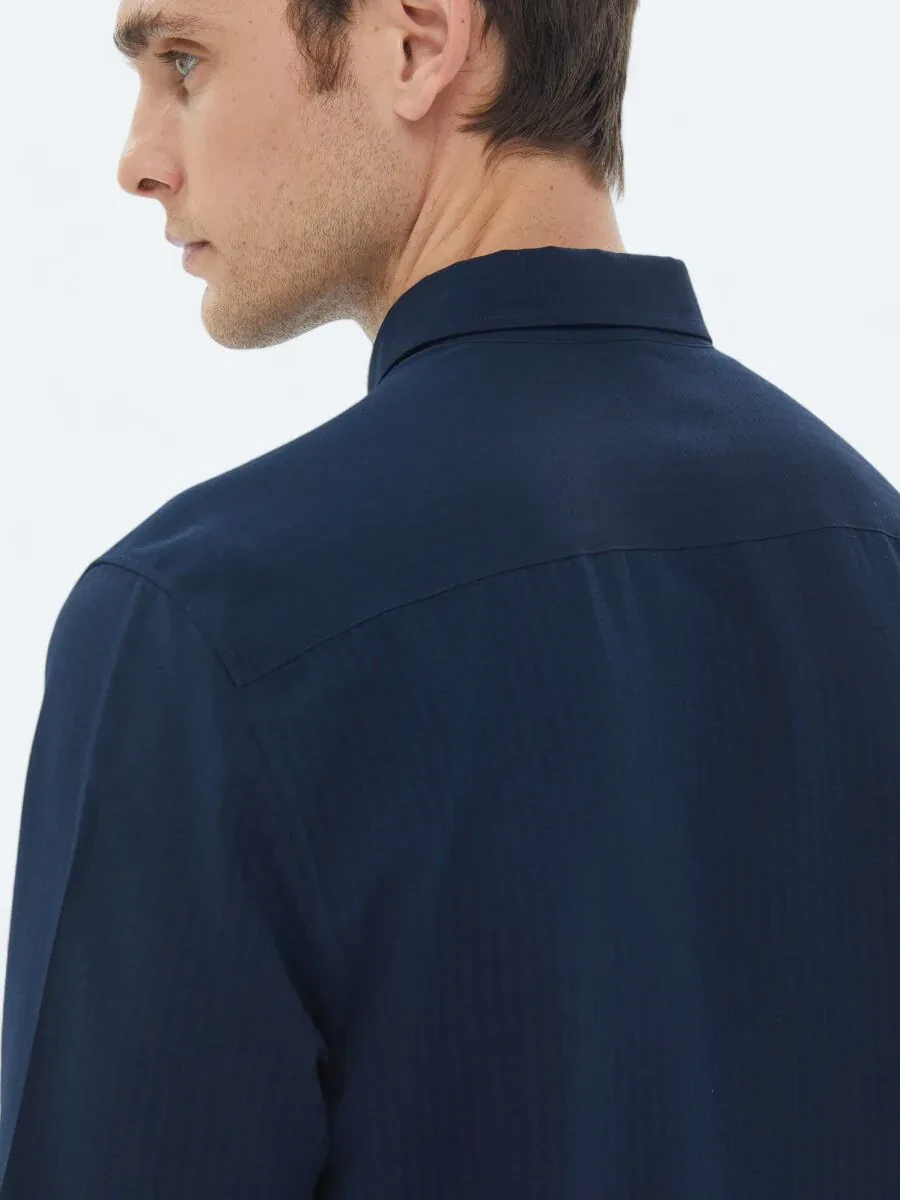 Navy Blue Regular Fit Weaving Casual Shirt - 5