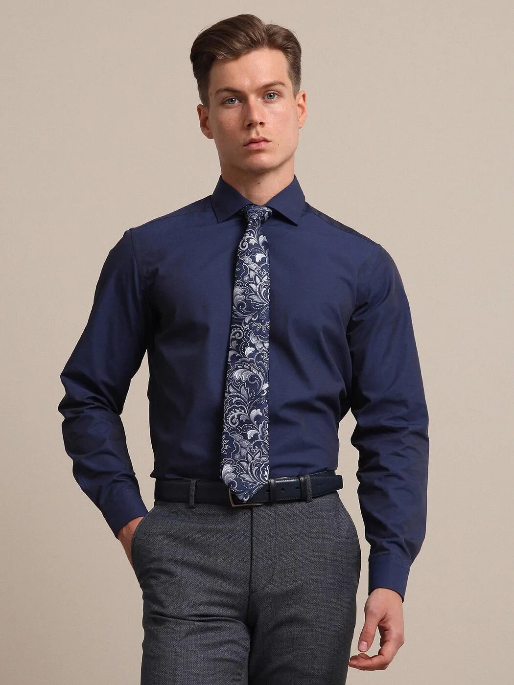 Navy Blue Regular Fit Weaving Classical Cotton Blended Shirt - 1