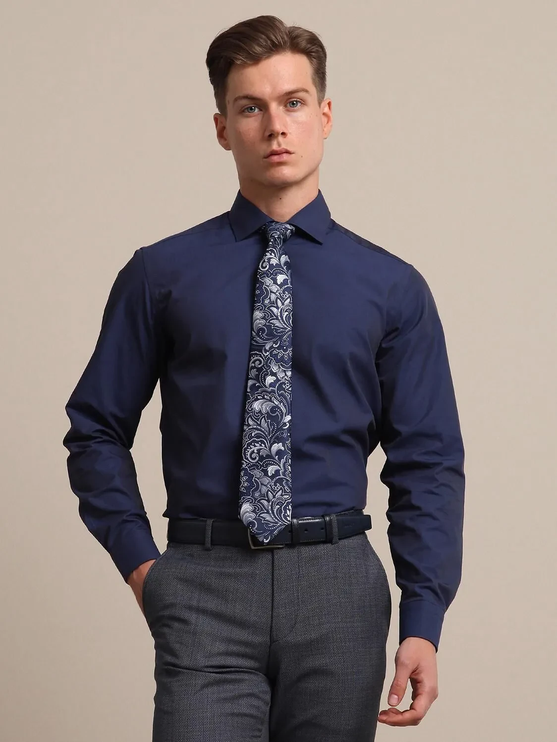 Navy Blue Regular Fit Weaving Classical Cotton Blended Shirt - 1
