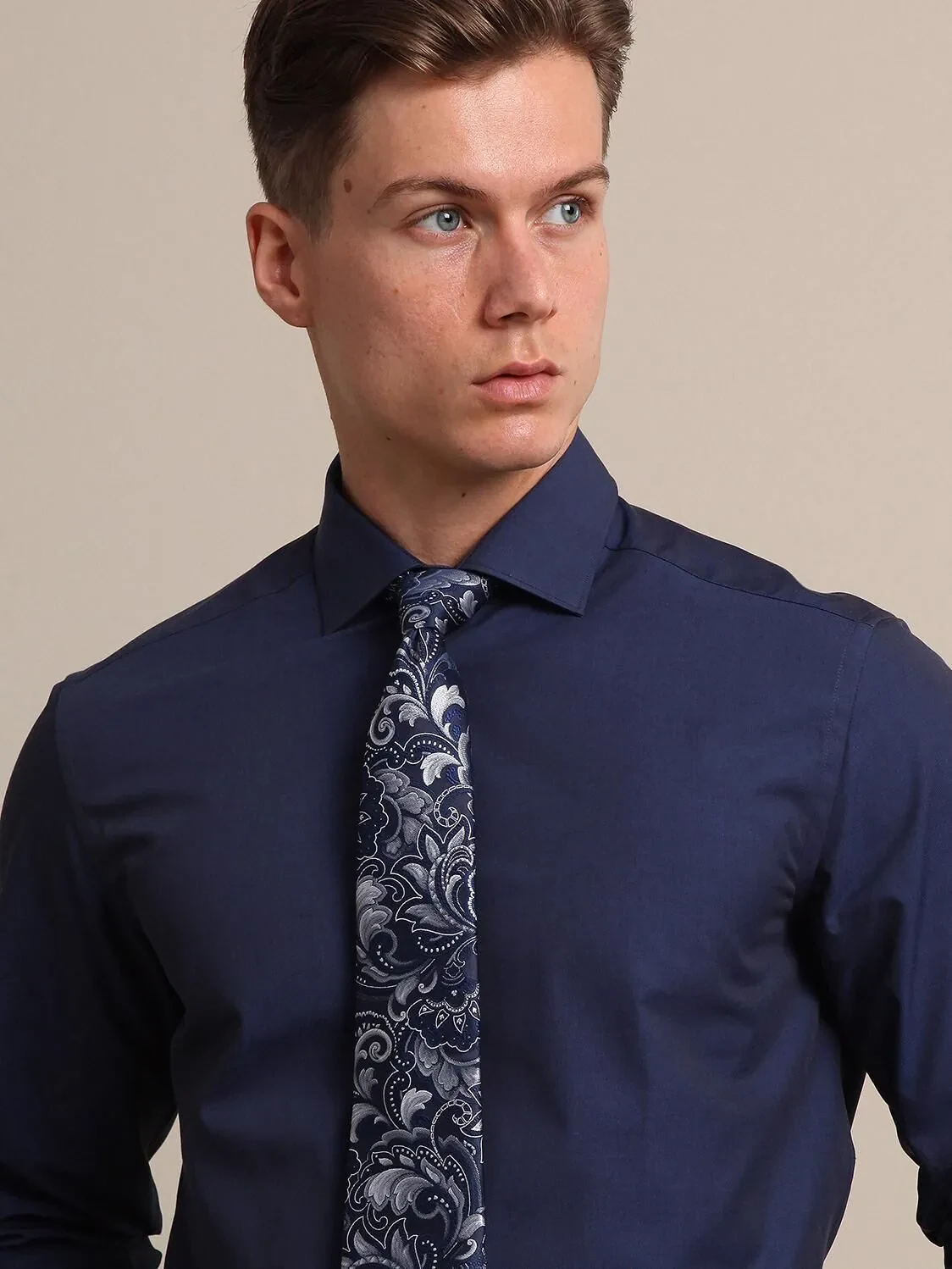 Navy Blue Regular Fit Weaving Classical Cotton Blended Shirt - 2