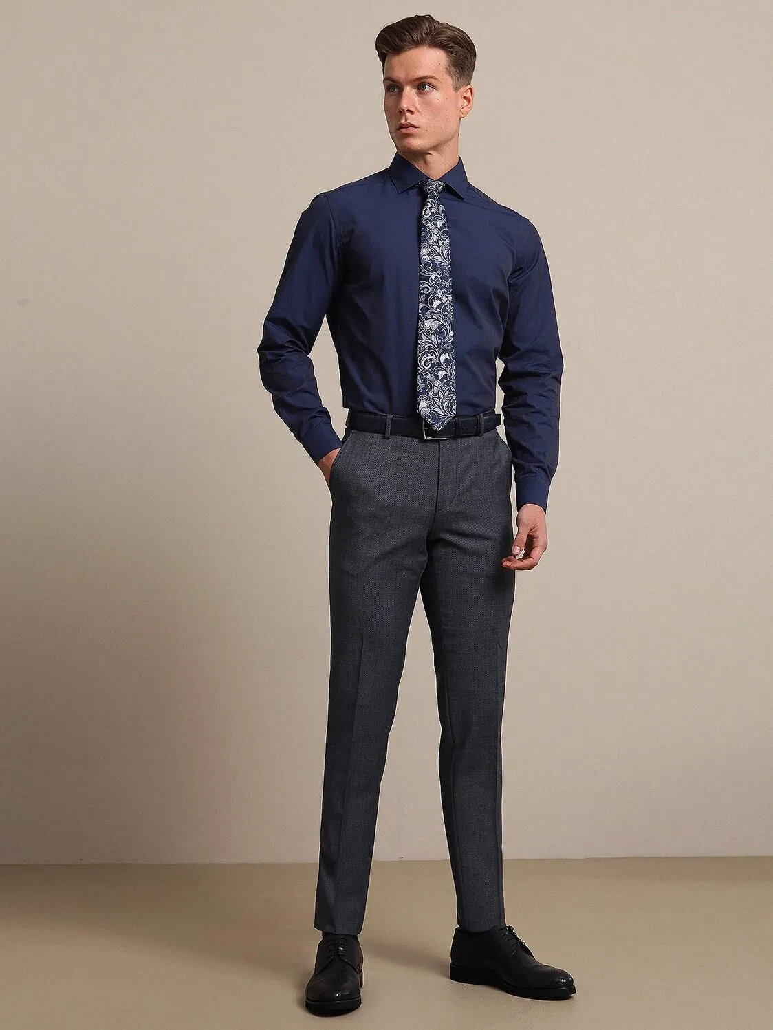 Navy Blue Regular Fit Weaving Classical Cotton Blended Shirt - 3