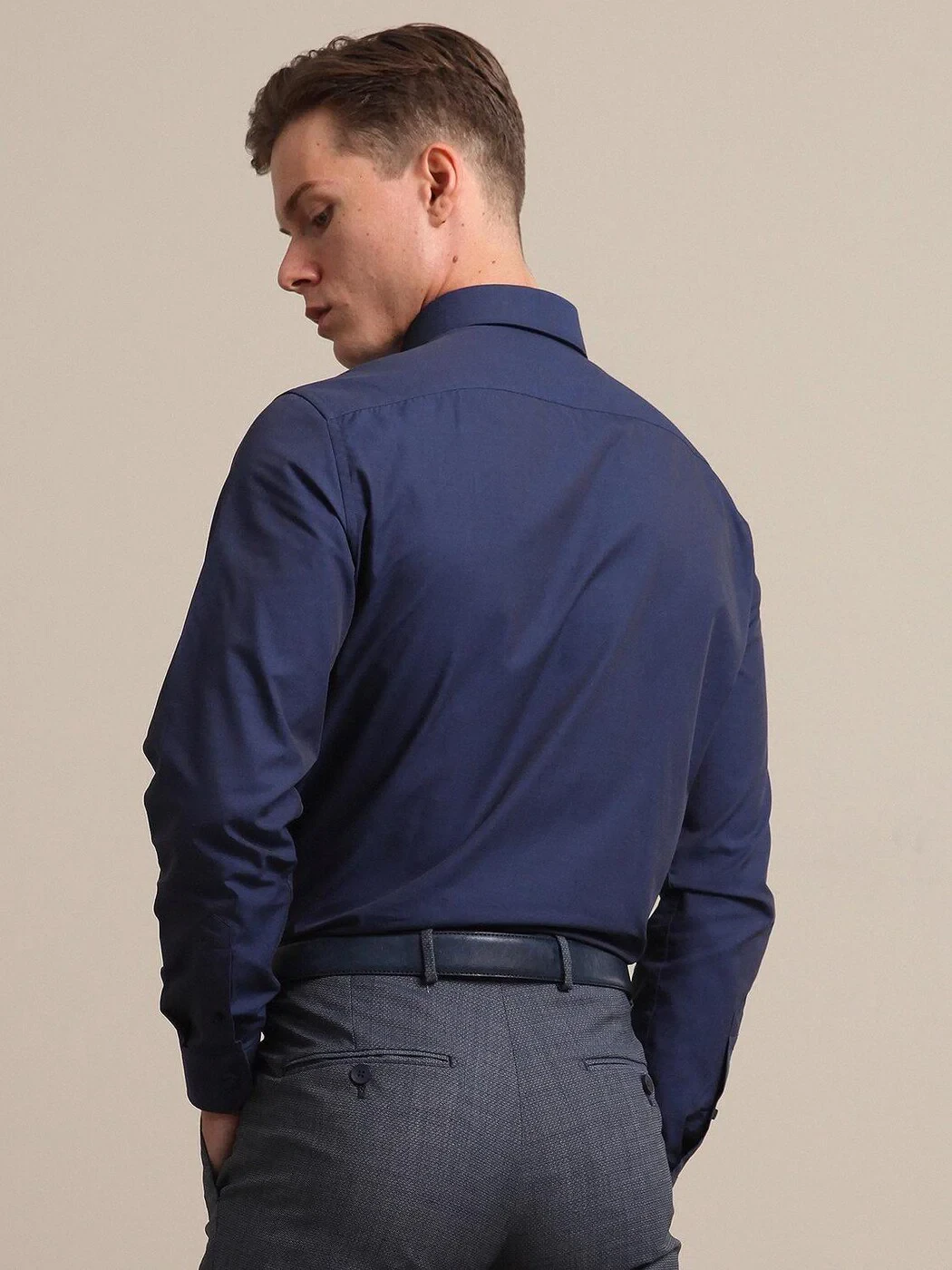 Navy Blue Regular Fit Weaving Classical Cotton Blended Shirt - 4