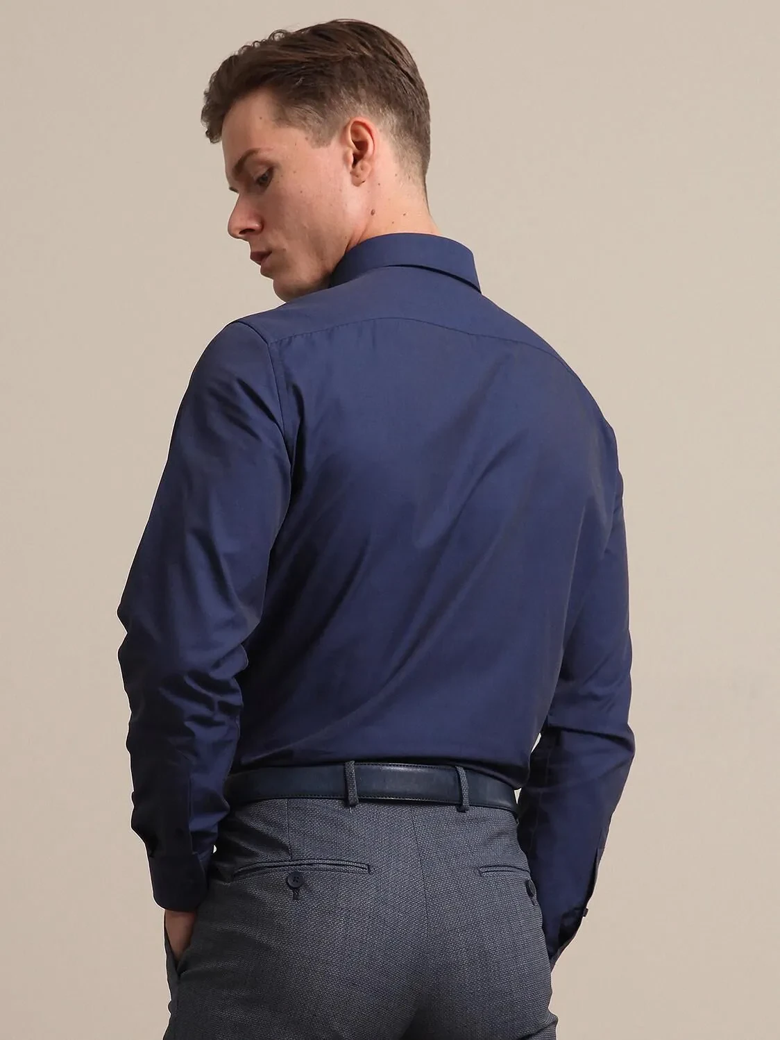 Navy Blue Regular Fit Weaving Classical Cotton Blended Shirt - 4