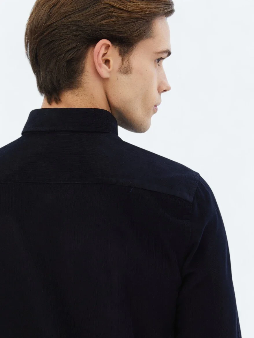 Navy Blue Ribbed Regular Fit Weaving Casual 100% Cotton Shirt 