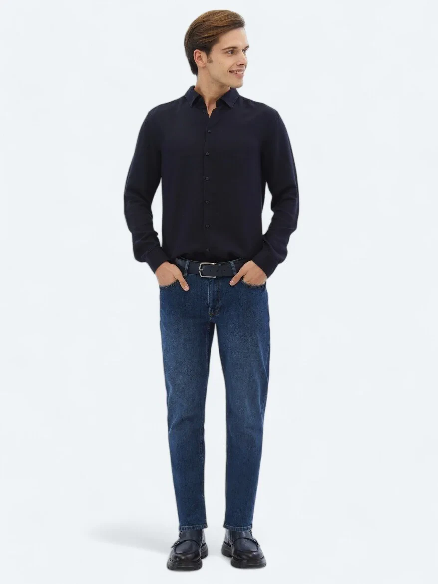 Navy Blue Ribbed Regular Fit Weaving Casual Shirt - 2