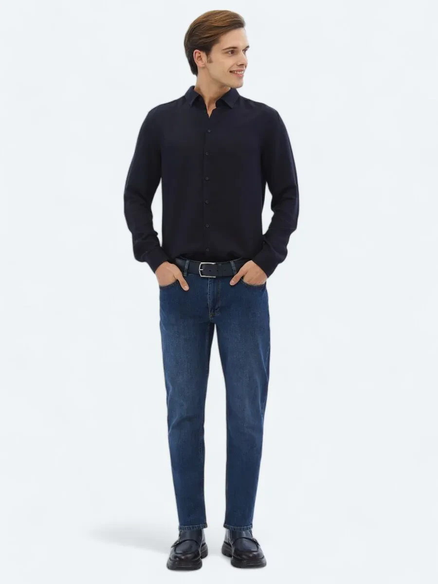 Navy Blue Ribbed Regular Fit Weaving Casual Shirt - 2