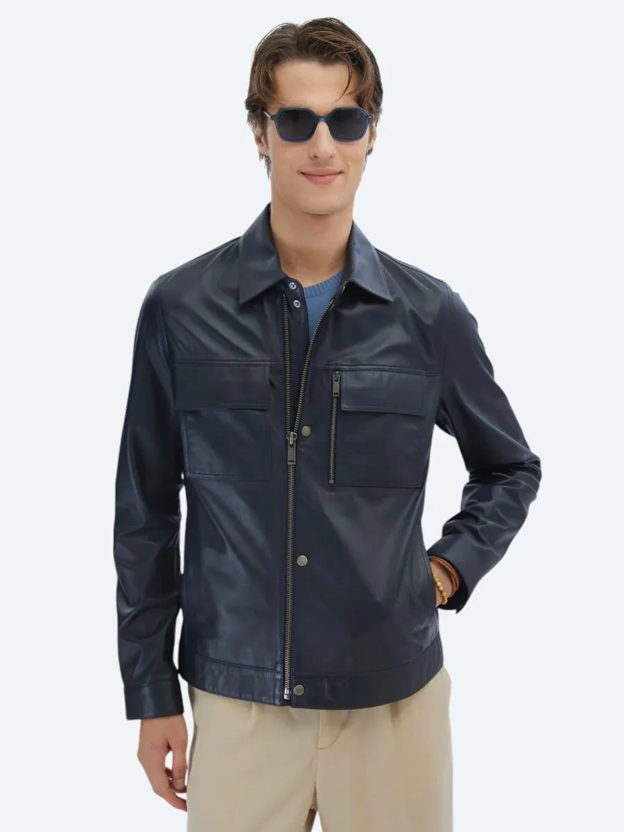 Navy Blue Sheep Leather Leather Coat - 1
