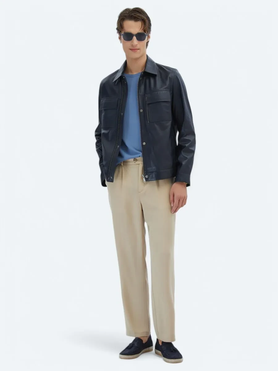 Navy Blue Sheep Leather Leather Coat - 2