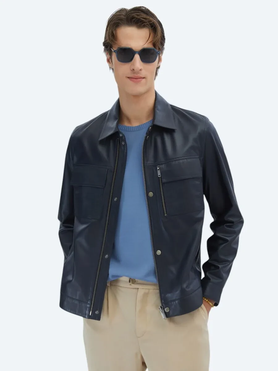 Navy Blue Sheep Leather Leather Coat - 3