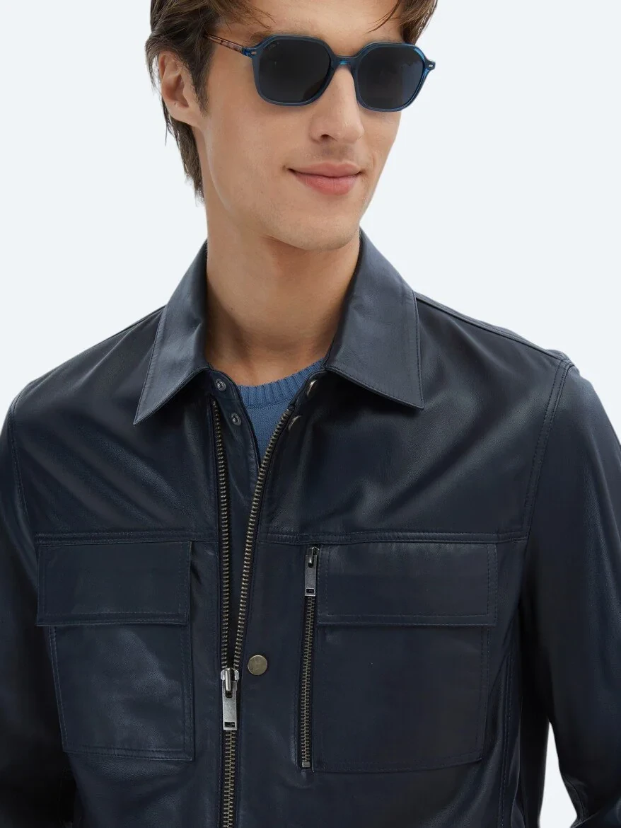 Navy Blue Sheep Leather Leather Coat - 4