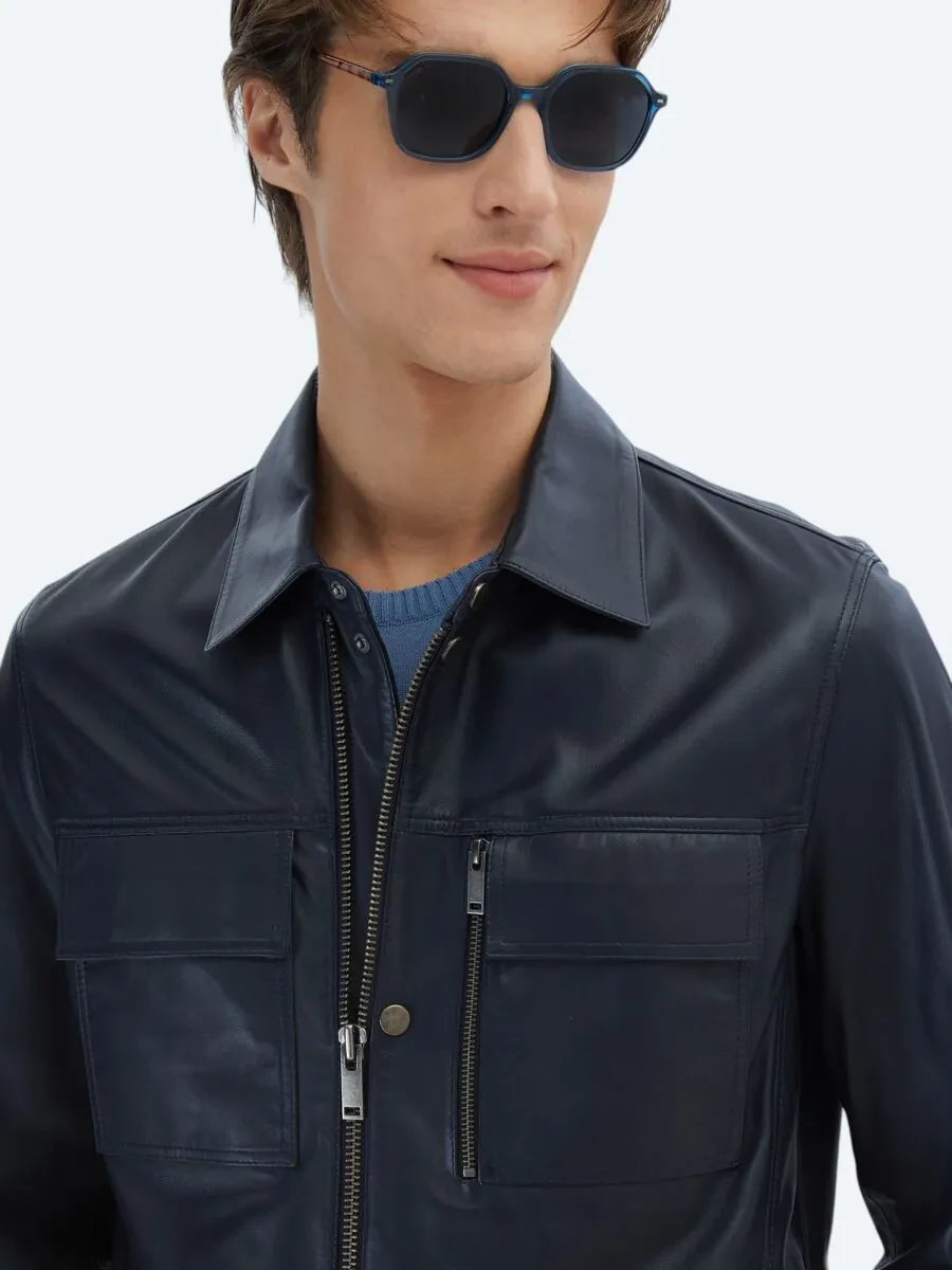 Navy Blue Sheep Leather Leather Coat - 4