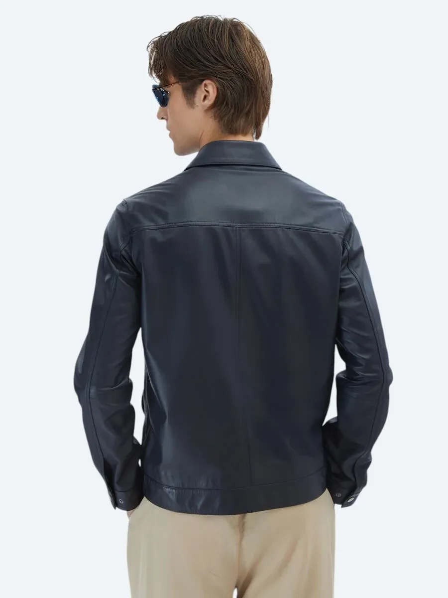 Navy Blue Sheep Leather Leather Coat - 5