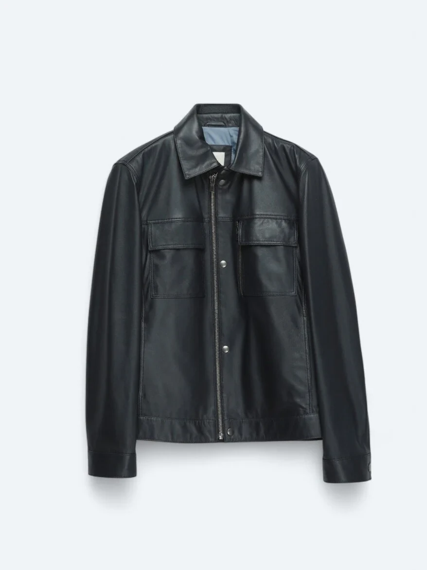 Navy Blue Sheep Leather Leather Coat - 6