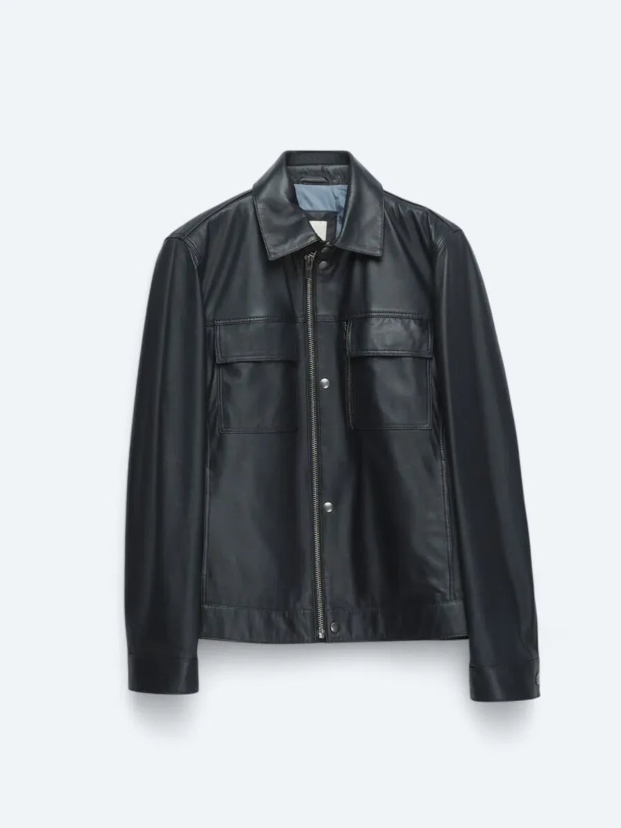 Navy Blue Sheep Leather Leather Coat - 6