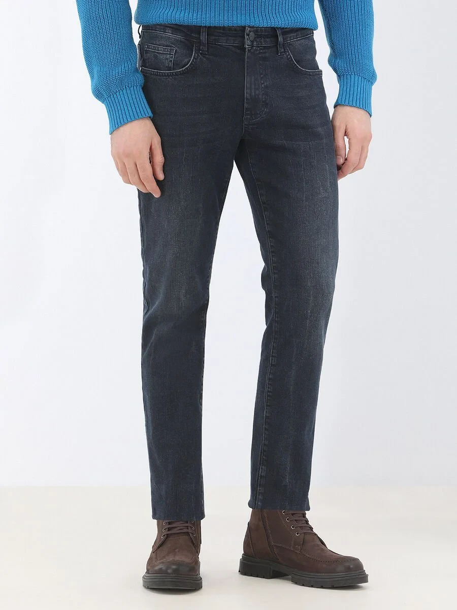 Navy Blue Slim Fit Denim Cotton Blended Trousers - 1