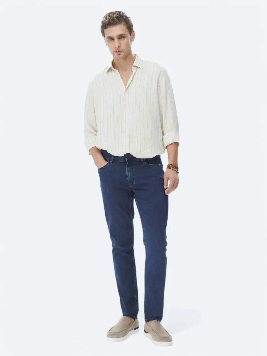 Navy Blue Slim Fit Denim Cotton Blended Trousers - 1