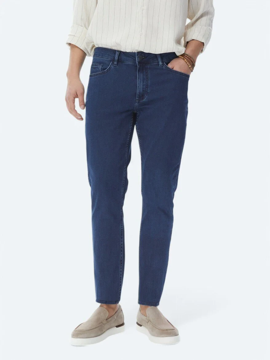 Navy Blue Slim Fit Denim Cotton Blended Trousers - 2