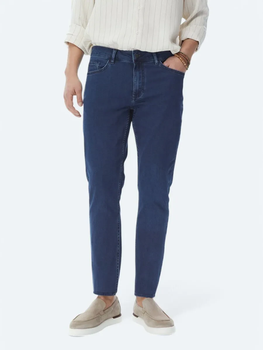 Navy Blue Slim Fit Denim Cotton Blended Trousers - 2
