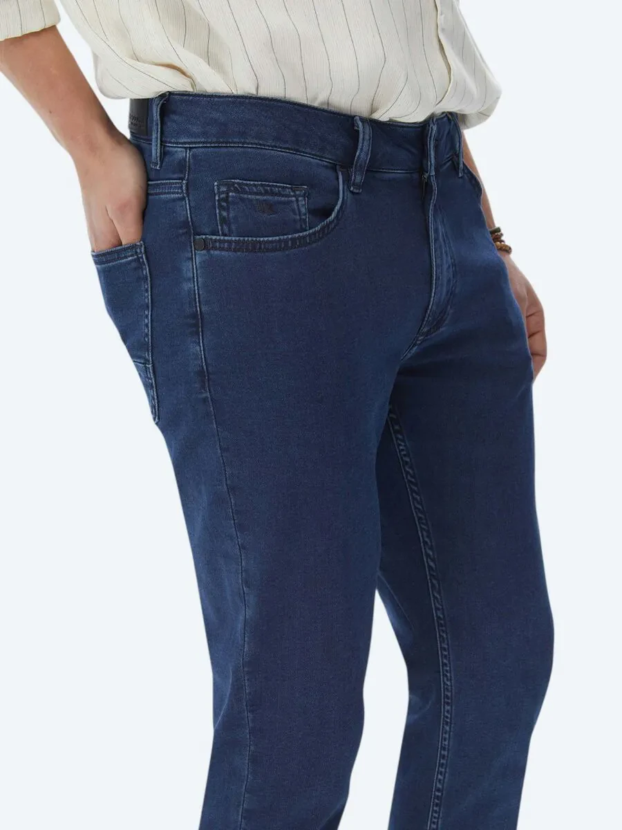 Navy Blue Slim Fit Denim Cotton Blended Trousers - 3