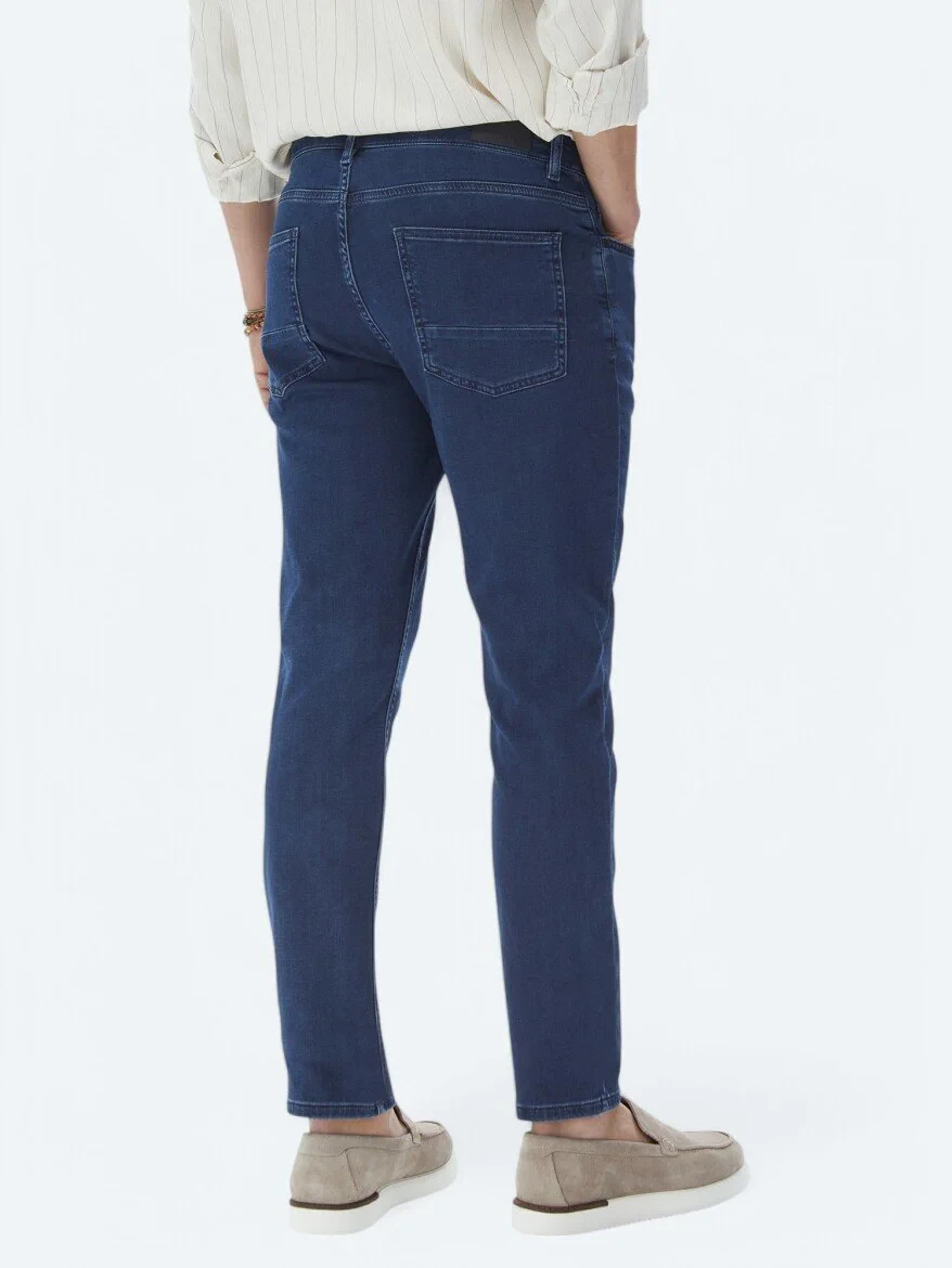 Navy Blue Slim Fit Denim Cotton Blended Trousers - 4