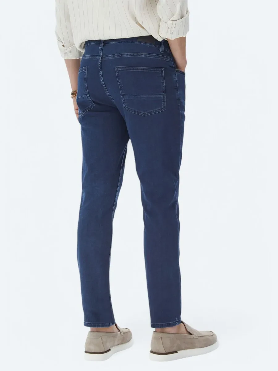 Navy Blue Slim Fit Denim Cotton Blended Trousers - 4