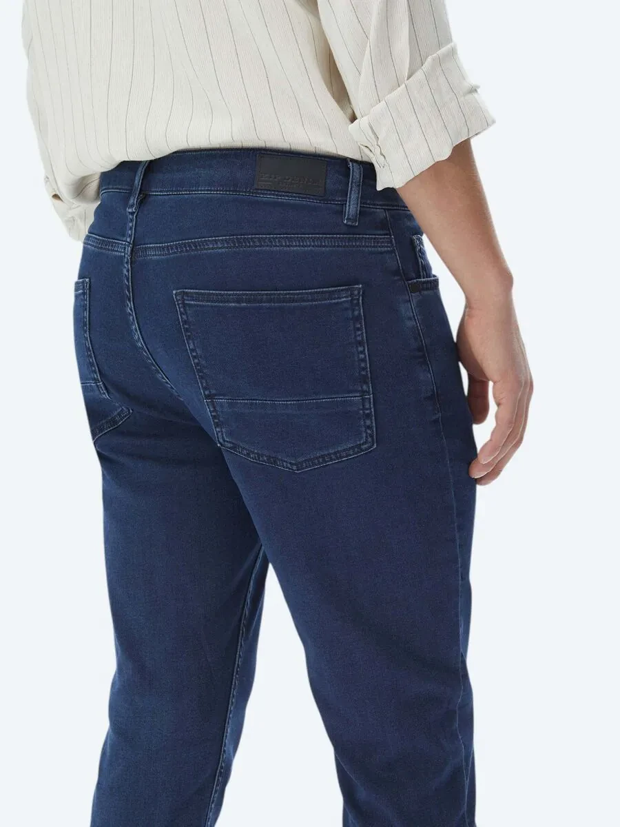 Navy Blue Slim Fit Denim Cotton Blended Trousers - 5