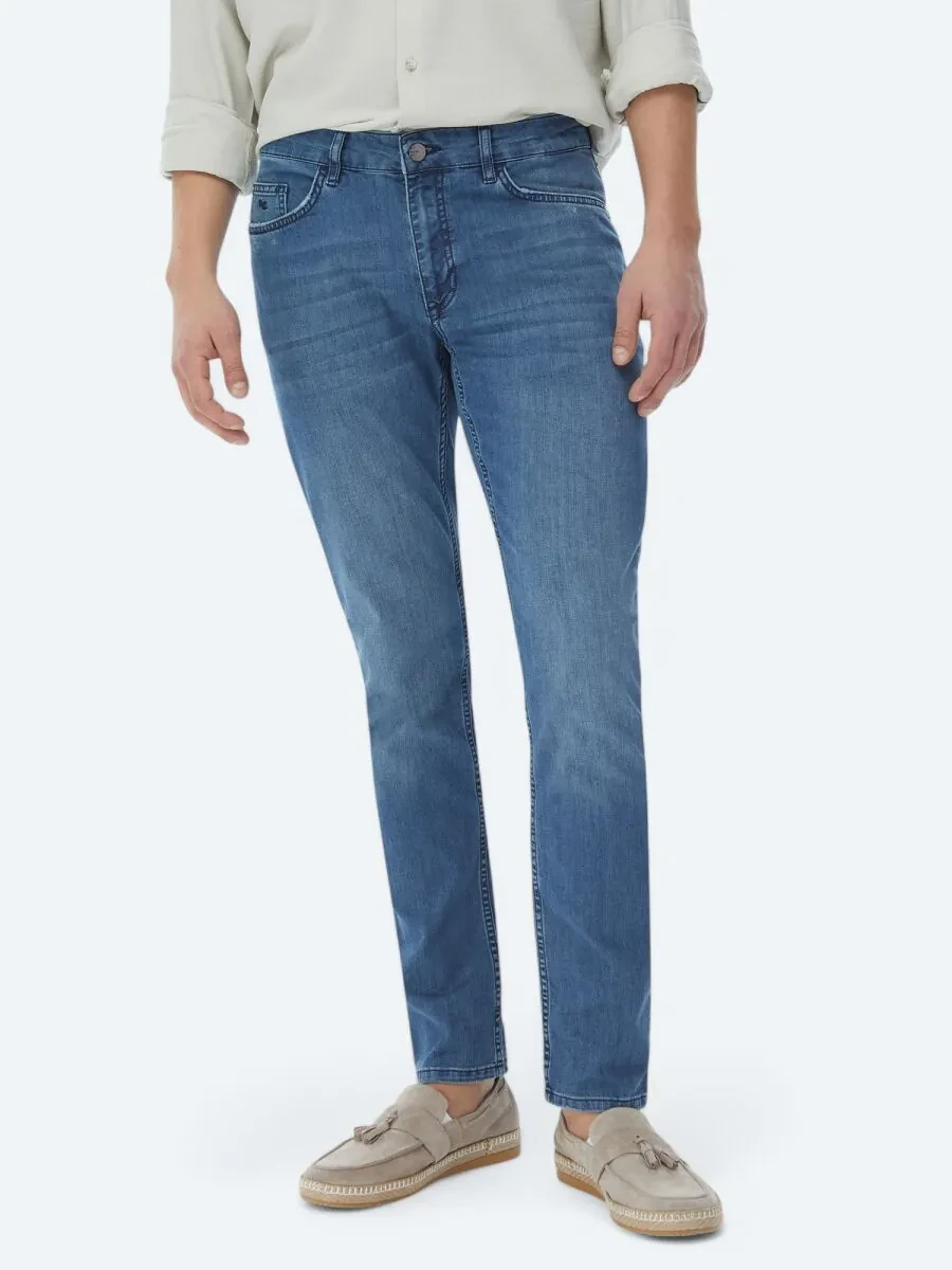 Navy Blue Slim Fit Denim Cotton Blended Trousers - 1