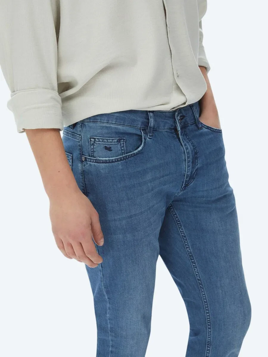 Navy Blue Slim Fit Denim Cotton Blended Trousers - 3