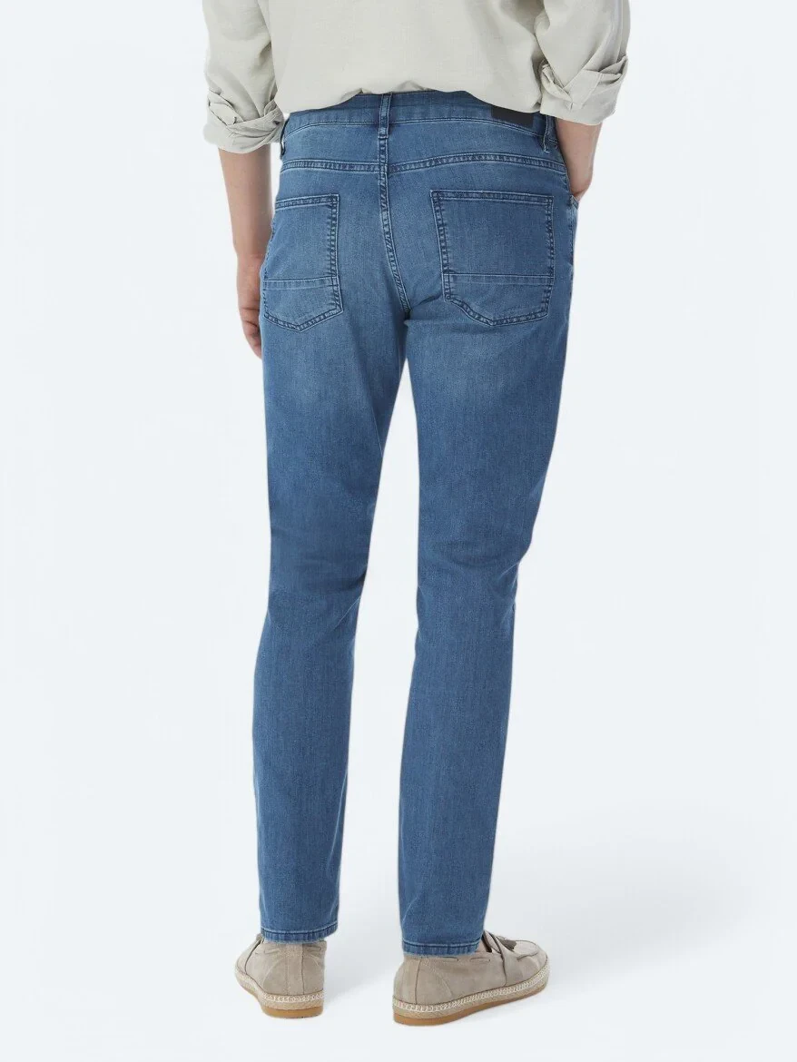 Navy Blue Slim Fit Denim Cotton Blended Trousers - 5