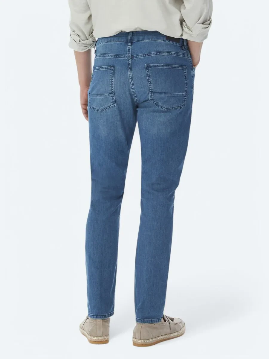 Navy Blue Slim Fit Denim Cotton Blended Trousers - 5