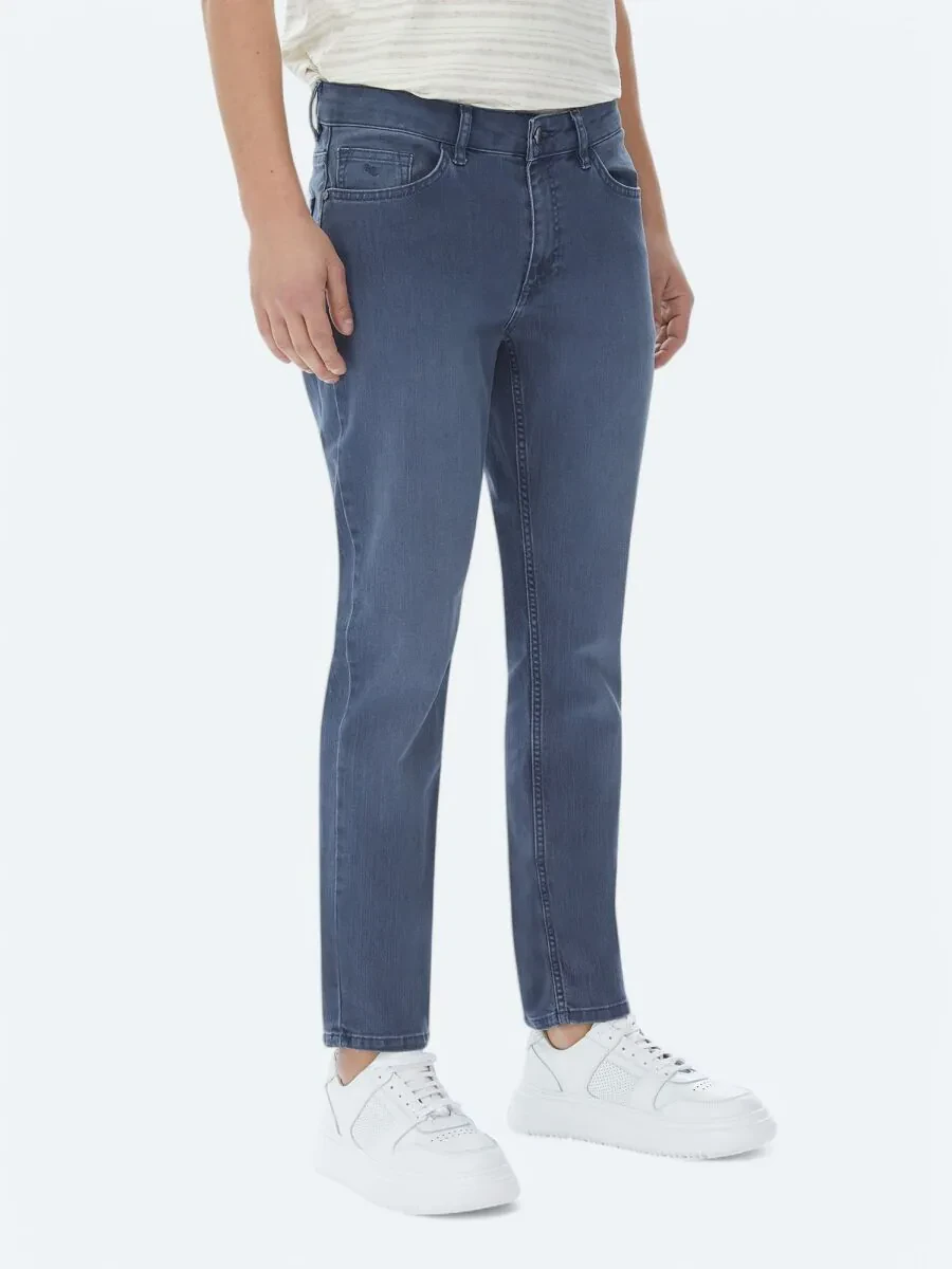 Navy Blue Slim Fit Denim Cotton Blended Trousers - 2