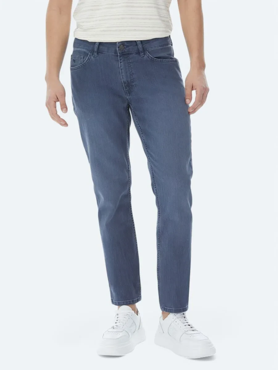 Navy Blue Slim Fit Denim Cotton Blended Trousers - 3
