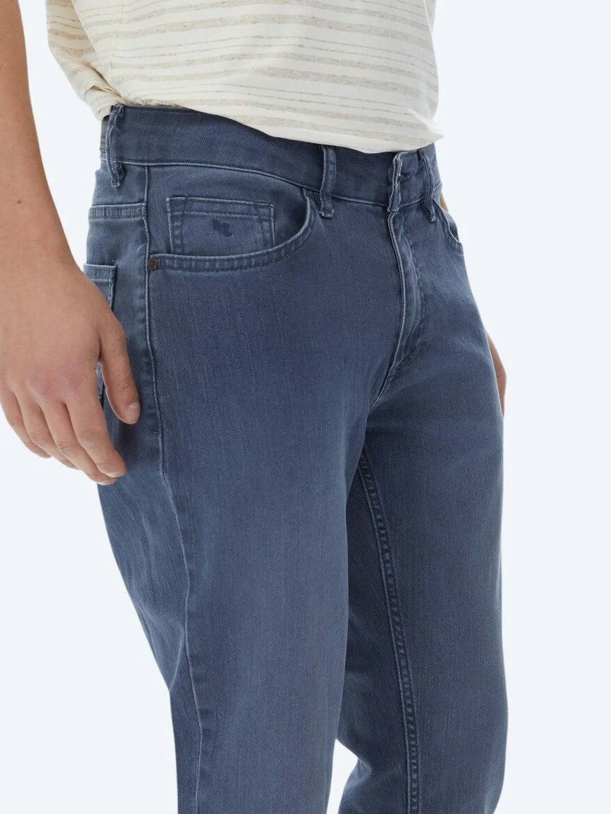 Navy Blue Slim Fit Denim Cotton Blended Trousers 