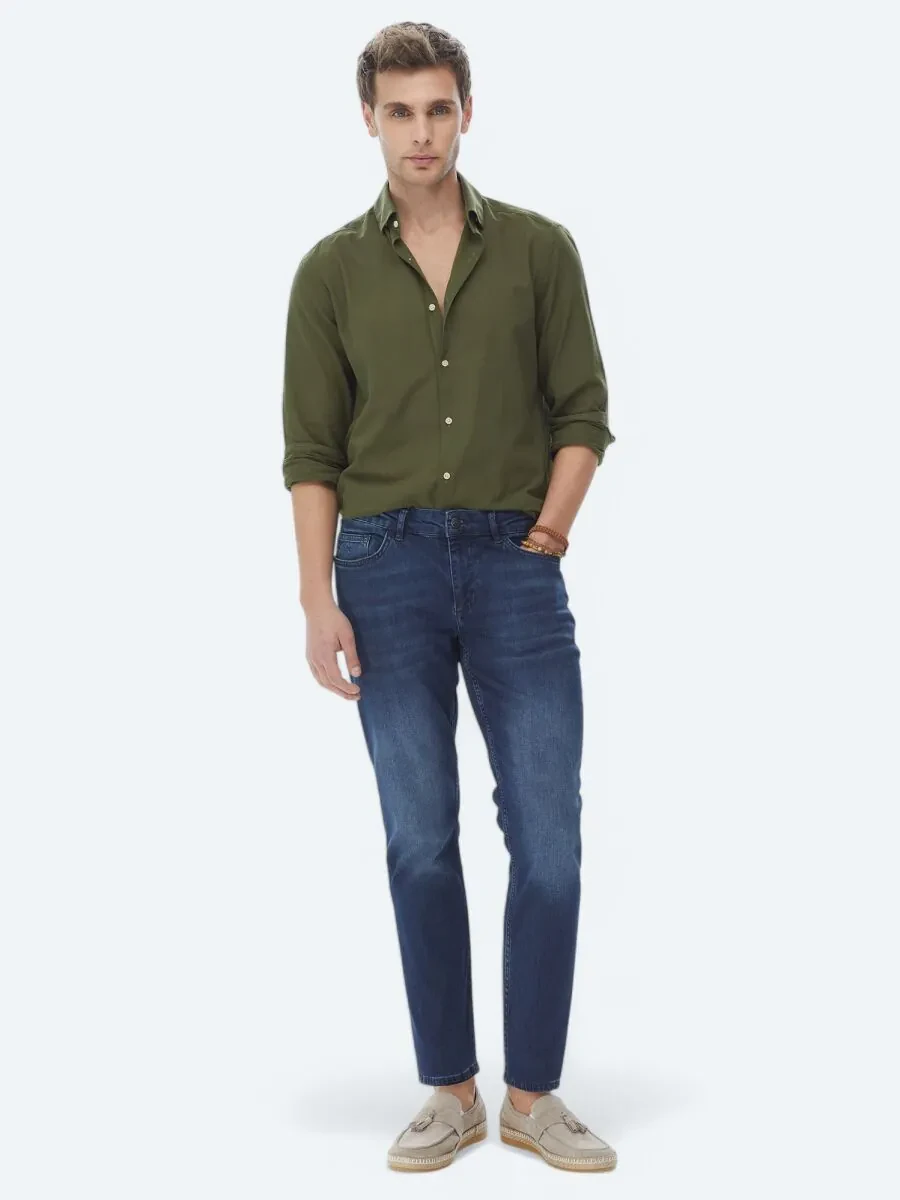 Navy Blue Slim Fit Denim Cotton Blended Trousers - 1