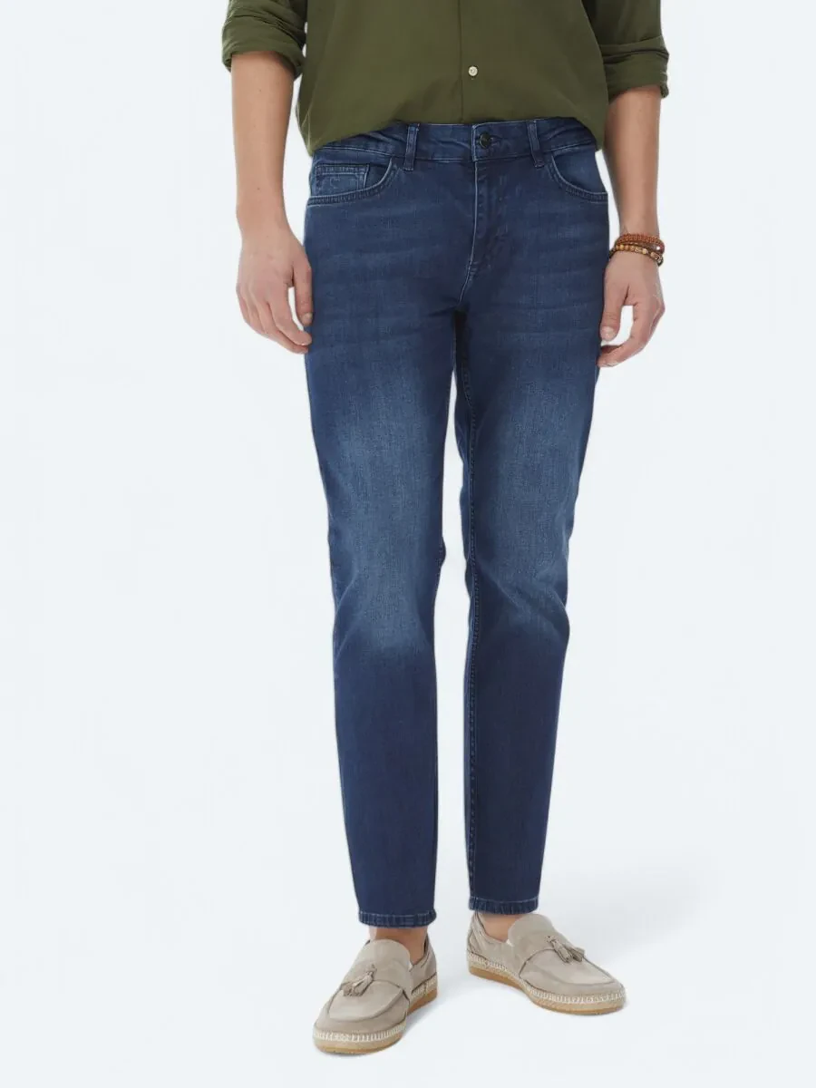 Navy Blue Slim Fit Denim Cotton Blended Trousers - 2