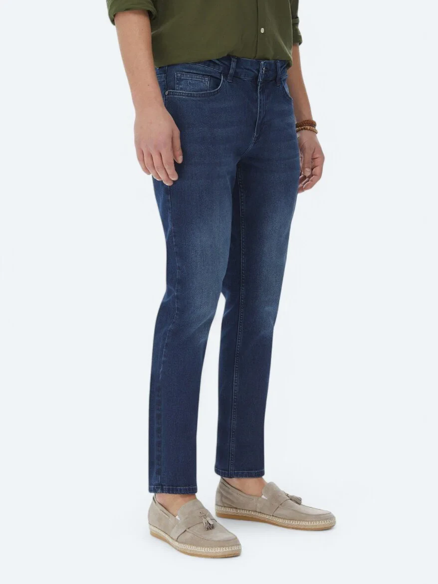 Navy Blue Slim Fit Denim Cotton Blended Trousers - 3