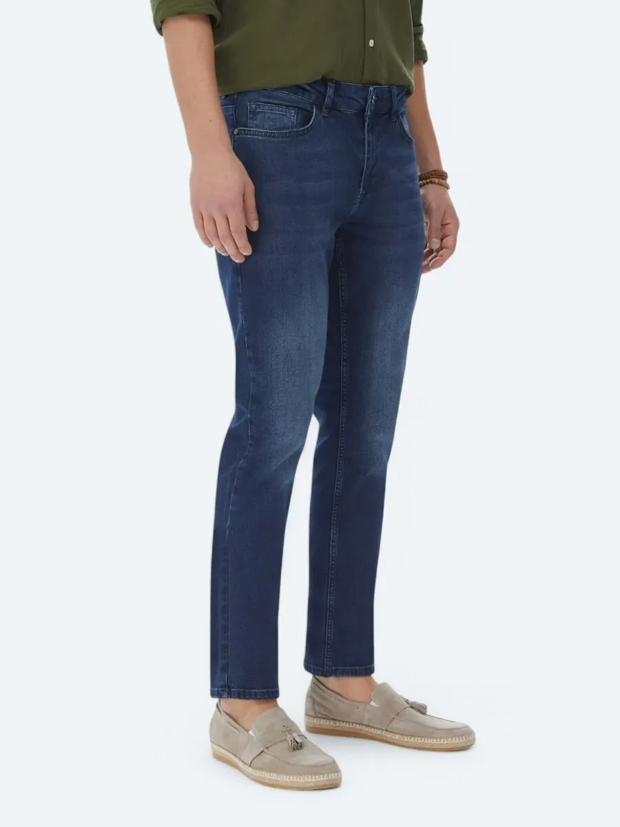 Navy Blue Slim Fit Denim Cotton Blended Trousers - 3