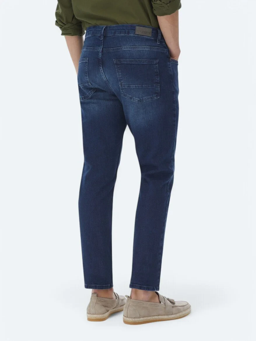 Navy Blue Slim Fit Denim Cotton Blended Trousers - 6