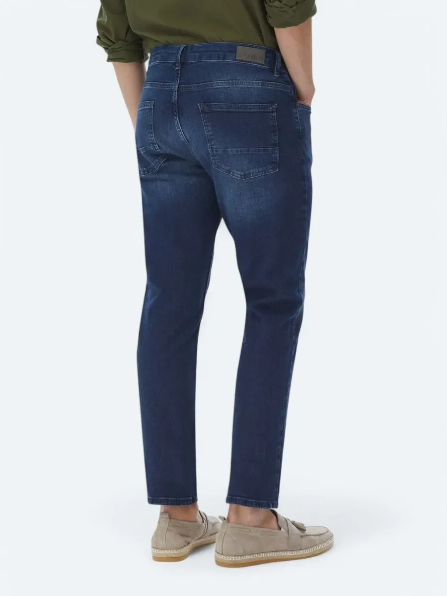 Navy Blue Slim Fit Denim Cotton Blended Trousers - 6
