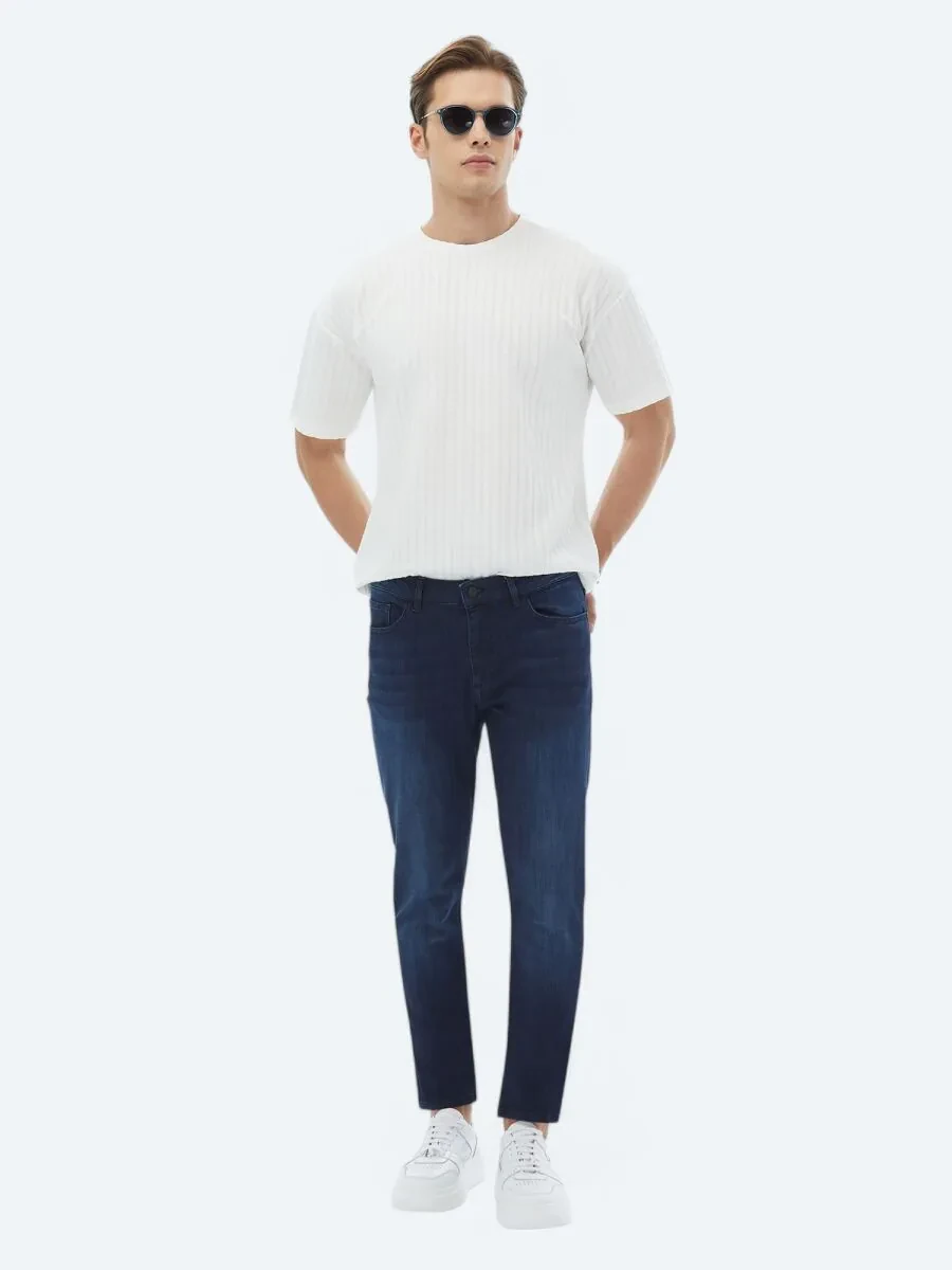 Navy Blue Slim Fit Denim Cotton Blended Trousers - 3