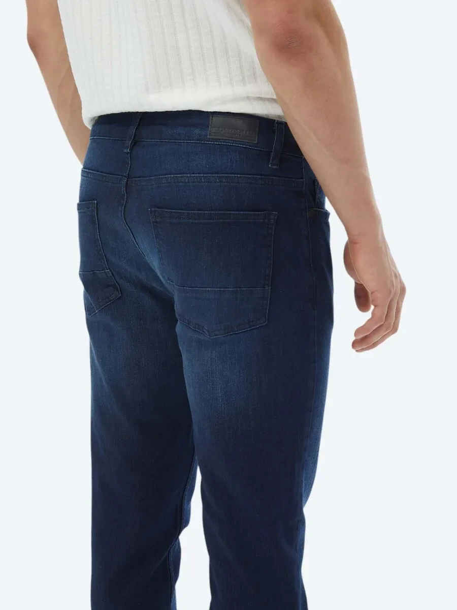 Navy Blue Slim Fit Denim Cotton Blended Trousers - 5