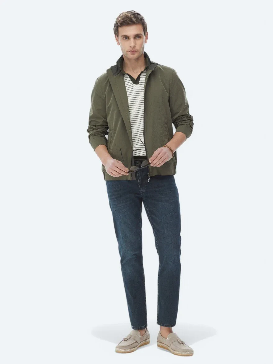 Navy Blue Slim Fit Denim Cotton Blended Trousers - 1