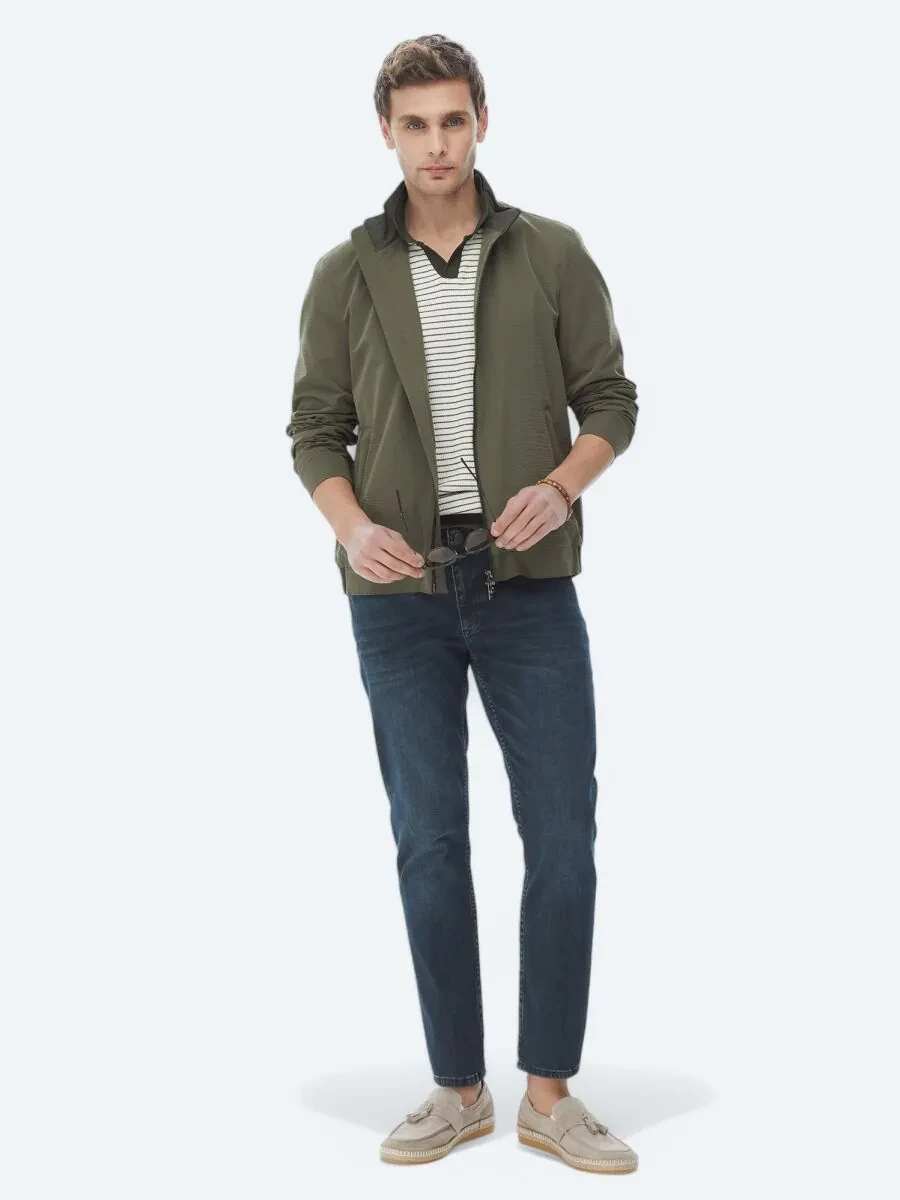 Navy Blue Slim Fit Denim Cotton Blended Trousers - 1